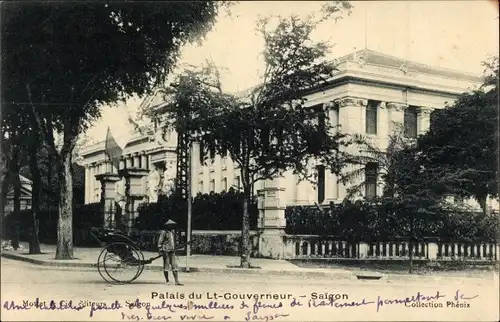 Ak Saigon Cochinchine Vietnam, Palais du Lt. Gouverneur, Rikschafahrer vor dem Gouverneurspalast
