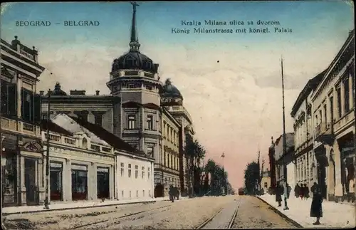 Ak Beograd Belgrad Serbien, König Milanstraße mit königl. Palais