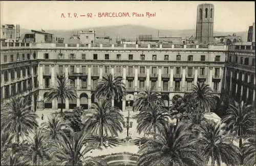 Ak Barcelona Katalonien Spanien, Plaza Real, Platz, Gebäude, Palmen