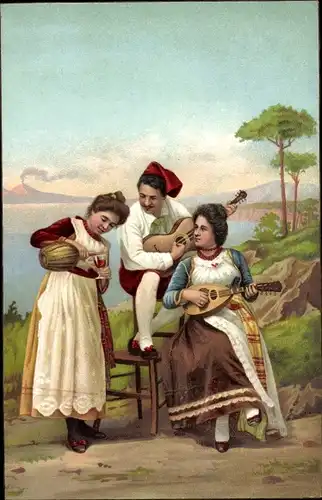 Litho Italiener in Volkstrachten, Weinflasche