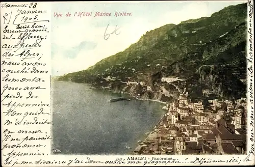 Ak Amalfi Campania, Panorama, Vue de l'Hotel Marine Riviere