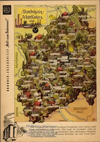 Stundenplan Reklame Brunnen Zeichenblock Schulblock, Landkarte Nordrhein-Westfalen West um 1960