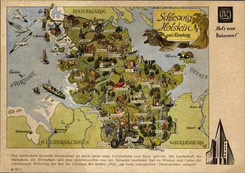 Stundenplan Reklame Brunnen Zeichenblock Schulblock, Landkarte Schleswig-Holstein um 1960