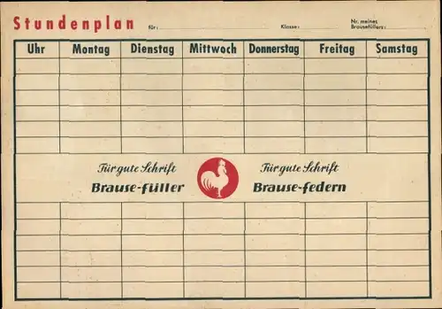 Stundenplan Brause Füller und Federn, Deutschland mit Schlesien, Preußen um 1930
