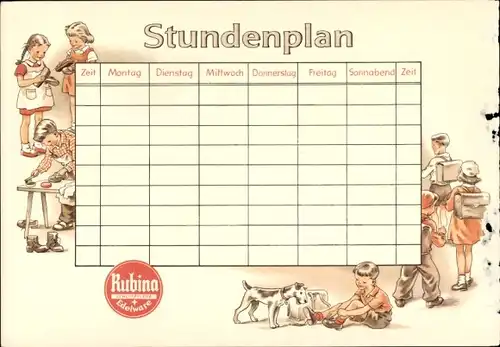 Stundenplan Reklame Rubina Schuhpflege Schuhcreme, Blechdose Edelware, Kinder um 1930