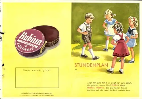 Stundenplan Reklame Rubina Schuhpflege Schuhcreme, Blechdose Edelware, Kinder um 1930