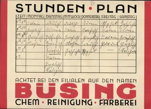 Stundenplan Reklame Büsing chemische Reinigung Färberei, Reinigt Schukleidung um 1930