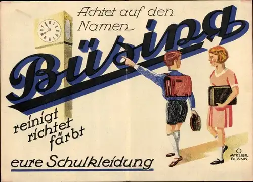 Stundenplan Reklame Büsing chemische Reinigung Färberei, Reinigt Schukleidung um 1930