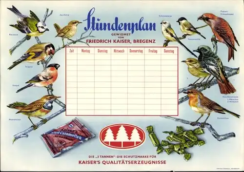 Stundenplan Friedrich Kaiser, Bregenz Österreich, Qualitätserzeugnisse Caramellen, Vögel um 1960