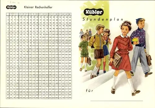 Stundenplan Reklame Kübler Kleidung, Geschäft Bekleidungshaus Wilhelm Petri in Bretten um 1950