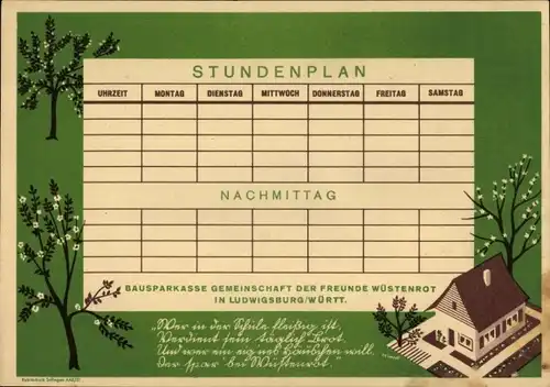 Stundenplan Bausparkasse Gemeinschaft der Freunde Wüstenrot in Ludwigsburg (Württ.) um 1960