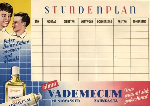 Stundenplan Reklame Vademecum Mundwasser Zahnpasta um 1960