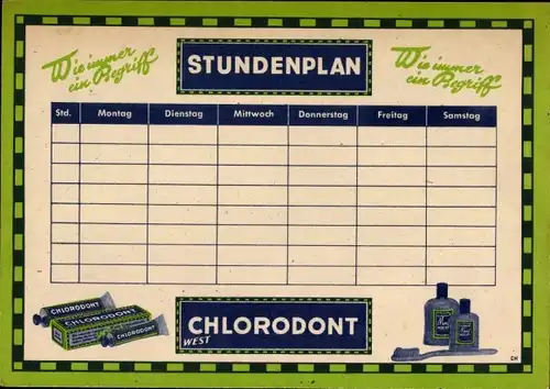 Stundenplan Reklame Chlorodont Zahnpasta, Tube Mundwasser, um 1950