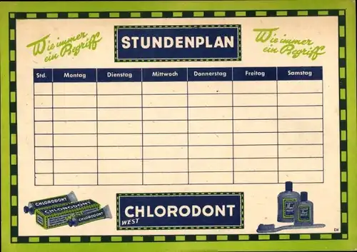 Stundenplan Reklame Chlorodont Zahnpasta, Tube Mundwasser, um 1950