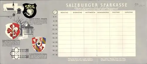 Stundenplan (faltbar) Sparkasse Salzburg, Kirchen Bischöfe Wappen, Sparinstitut der Jugend um 1950