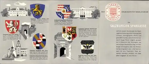 Stundenplan (faltbar) Sparkasse Salzburg, Kirchen Bischöfe Wappen, Sparinstitut der Jugend um 1950