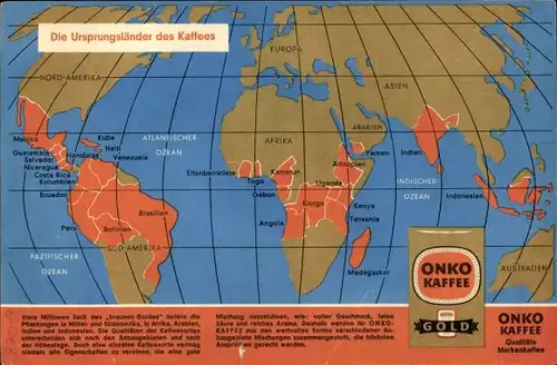 Stundenplan Reklame Kaba Kakao, Sportarten & Onko Kaffee, Weltkarte Ursprungsländer um 1950