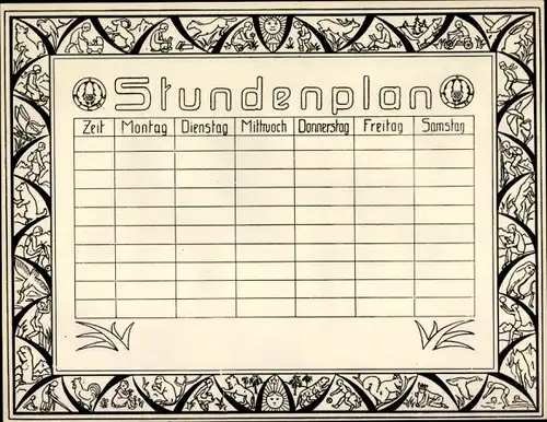 Stundenplan aus den 30-er Jahren, Scherenschnitt Tiere Motive