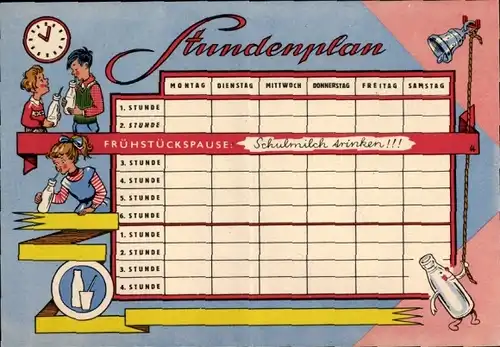 Stundenplan Österreich, Reklame für Schulmilch, Lineal, um  1950