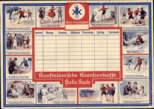 Stundenplan Kaufmännische Krankenkasse, Halle Saale, Kinder im Alltag um 1930
