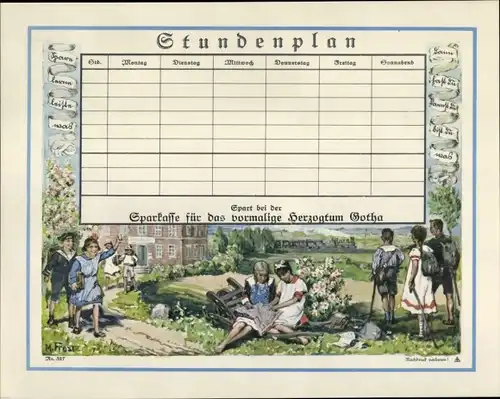Stundenplan der Sparkasse Herzogtum Gotha, Künstler M. Frost, Kinder um 1915
