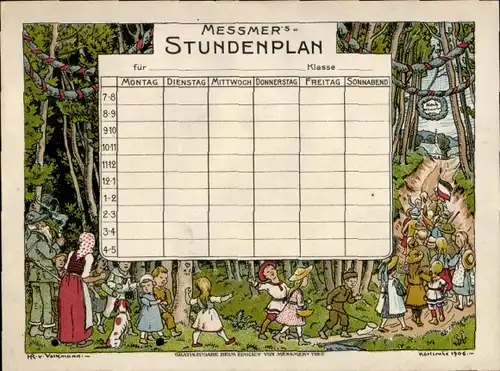 Stundenplan Reklame Messmer Tee, Kinder im Wald, Künstler Hans Richard v. Volkmann 1906