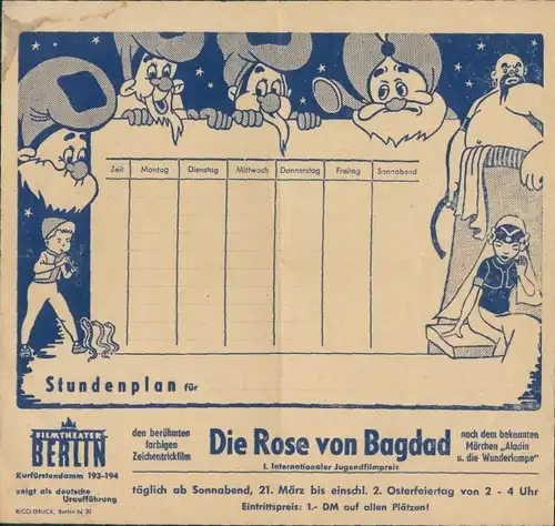 Stundenplan Filmtheater Berlin Kurfürstendamm, Zeichentrickfilm Die Rose von Bagdad (Aladin) um 1950