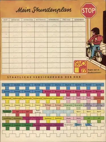 Stundenplan Staatliche Versicherung der DDR, Steck-Stundenplan, Kinder im Verkehr um 1960