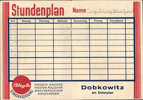 Stundenplan Reklame Bleyle Strickkleidung, Kaufhaus Dobkowitz, Am Entenplan, Merseburg um 1930
