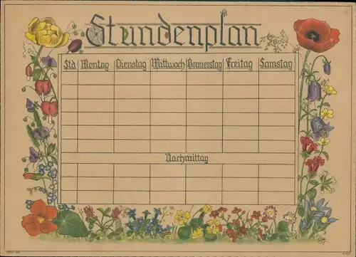 Stundenplan, Künstler-Stundenplan, Blumen um 1930