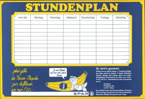 Stundenplan Chiquita Bananen, Spar Supermarkt, Österreich um 1980