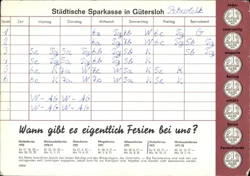 Stundenplan Städtische Sparkasse Gütersloh, D-Mark Münze, Sparkassenbuch um 1970