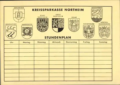 Stundenplan Kreissparkasse Northeim, Landkreis, Wappen Uslar Nörten-Hardenberg um 1960