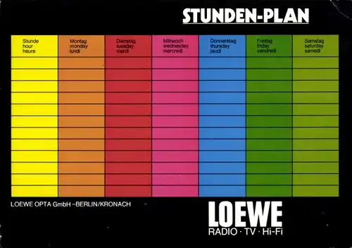 Stundenplan LOEWE Radio TV HI-FI, Berlin, Fernseher CP 42, Loewe Juwel S, QR 320, St 20 um 1970