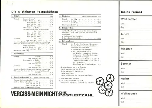 Stundenplan Postsparbuch, Vergiss mein nicht - Die Postleitzahl, Portogebühren um 1960/70