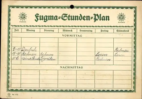 Stundenplan Fugma Stundenplan um 1930