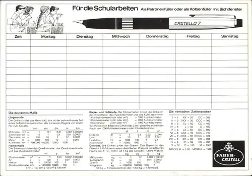 Stundenplan Reklame Faber-Castell, Stein bei Nürnberg, Patronenfüller, Kolbenfüller ca. 1970