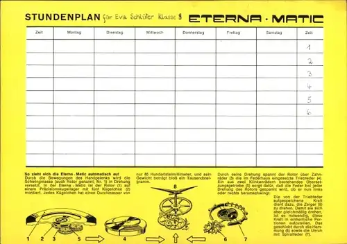 Stundenplan Uhrenhersteller Eterna AG, Schweiz, Uhr Eterna Matic, Uhrwerk Automatik um 1960/70