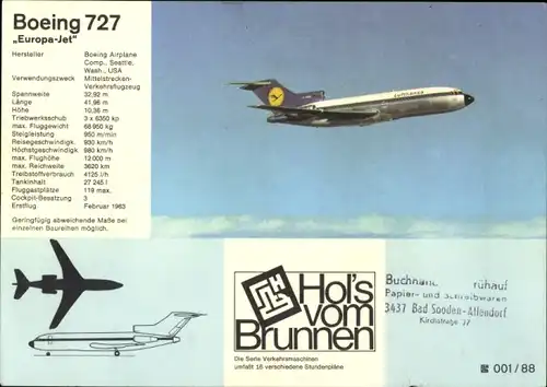 Stundenplan Brunnen Zeichenblock, Mittelstreckenflugzeug Boeing 727 um 1970