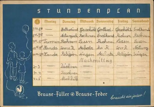 Stundenplan Brause Füller und Federn, Pfanne 50 und Cito fein Federn um 1950