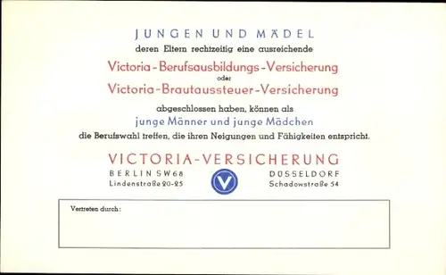 Stundenplan Victoria-Versicherung, Berlin & Düsseldorf, Berufsausbildungs-Versicherung um 1930