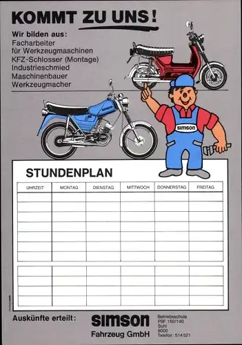 Stundenplan Simson Fahrzeug GmbH, Motorräder,Roller. Wir bilden aus - um 1970