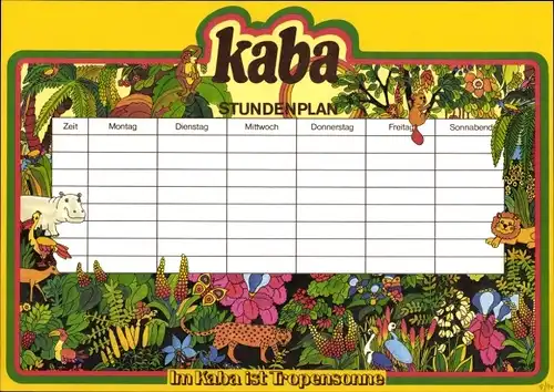 Stundenplan Reklame KABA Kakao, Urwald mit Wildtieren, Im Kaba ist Tropensonne um 1970