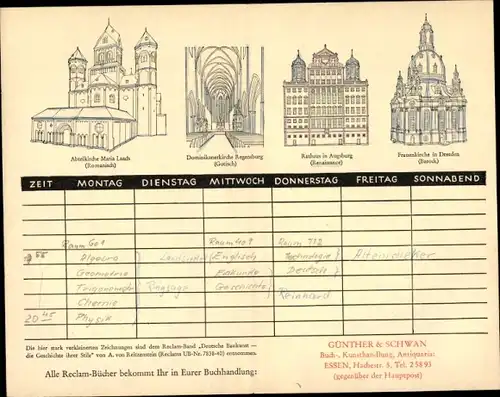 Stundenplan Reclam Universal-Bibliothek, Baustile, Rokoko, Renaissance, Gotik Bauwerke 1956