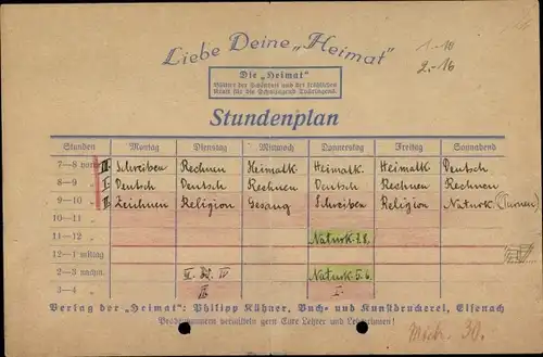 Stundenplan Beilage Verlag Heimat, Philipp Hübner, Buch- und Kunstdruckerei, Eisenach um 1930