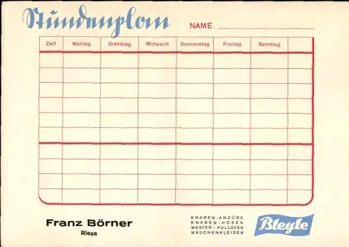 Stundenplan Bleyle Kinderkleidung, Franz Börner Riesa, Mutter mit Kind um 1930