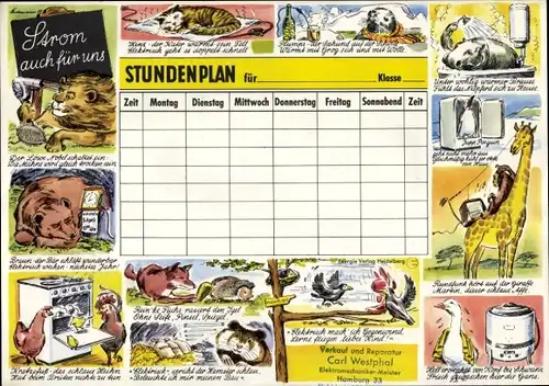 Stundenplan, Strom auch für uns, Tiere mit elektrischen Geräten, Löwe mit Fön um 1960