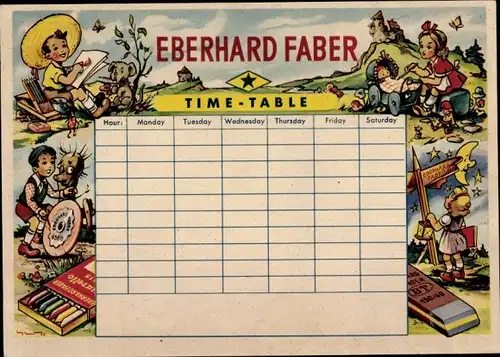 Stundenplan Eberhard Faber Stifte, van Dycke Radiergummi, englische Version um 1950