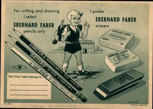 Stundenplan Eberhard Faber Stifte, van Dycke Radiergummi, englische Version um 1950