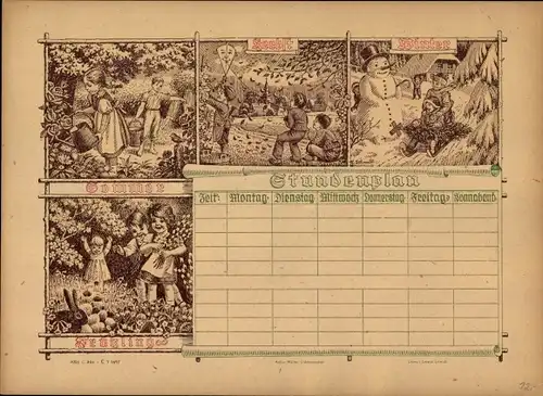 Stundenplan Künstlerplan um 1910, Jahreszeiten, Sommer, Herbst, Winter und Sommer